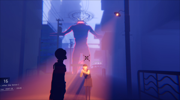 two people in a street, one illuminated by a street light and she looks a bit ill. The the background there is a massive glowing red figure, looming over the entire city. it does not have a head, and in place of a head there's a ring of lines, a bit like a crown, I'm not sure what it is yet