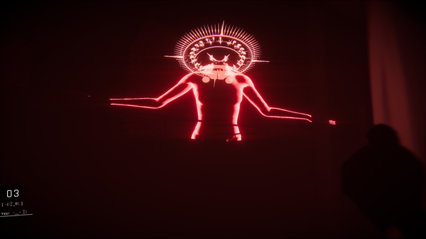 the same looming glowing red figure, looking across a city. in the nearground we can just about make out somebody looking out of a window.